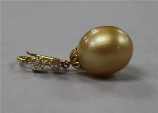 A yellow metal, cultured pearl and diamond set drop pendant, overall 29mm.